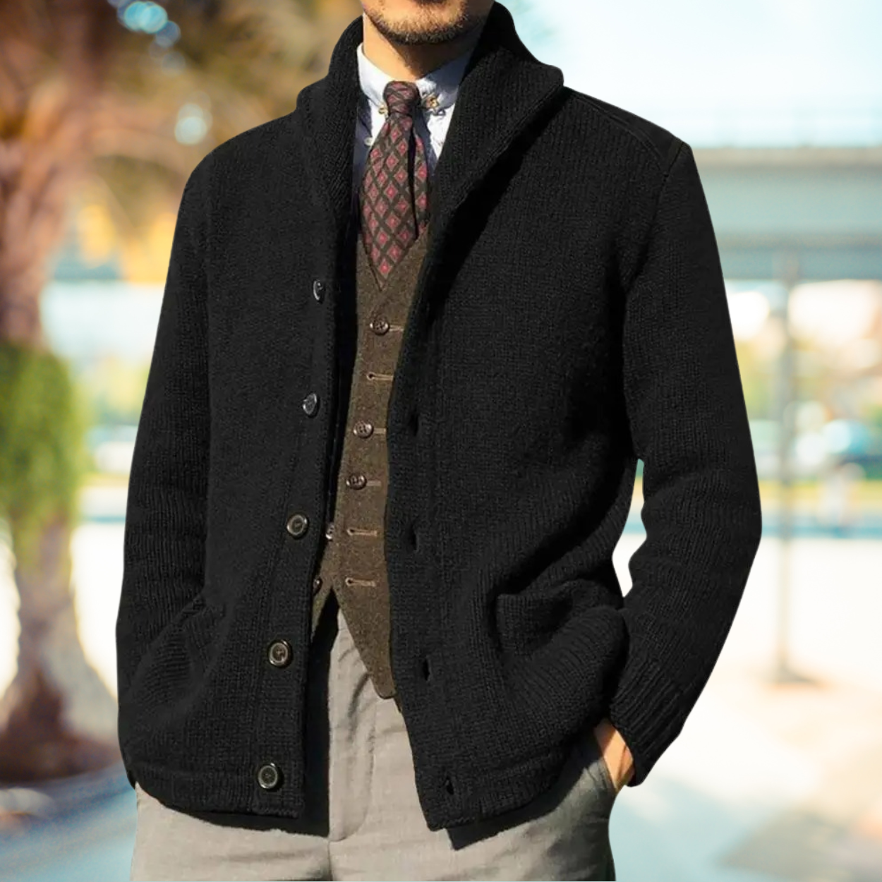 Men’s Knit Cardigan | Shawl Collar Sweater with Button Closure