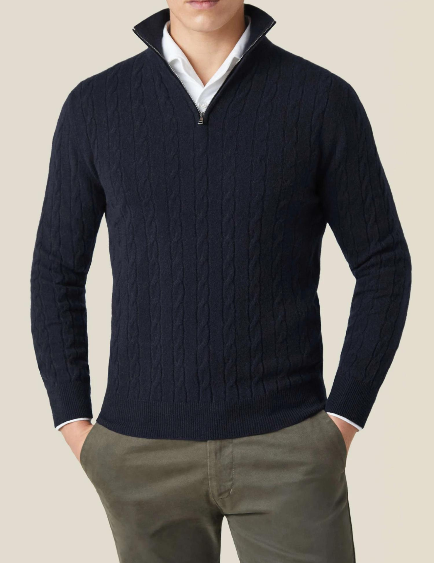 Men’s Cable Knit Jumper | Quarter Zip Sweater | Funnel Neck | Warm Winter Layer