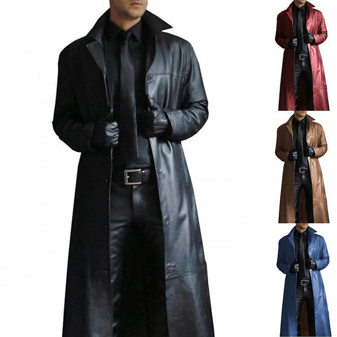 Men’s Long Faux Leather Trench Coat | Classic Winter Jacket