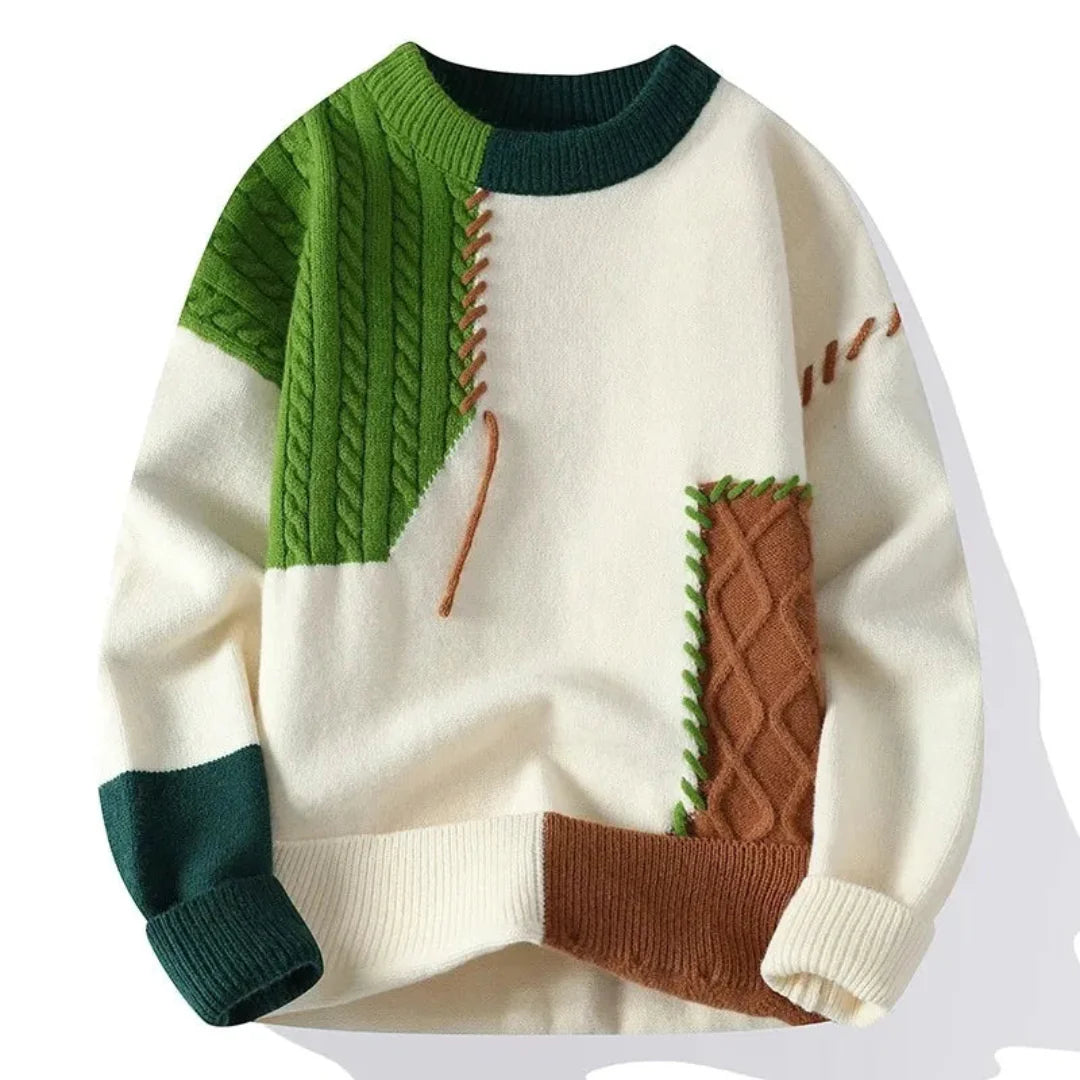 Men’s Patchwork Knit Sweater | Casual Winter Layer | Colour Block Style