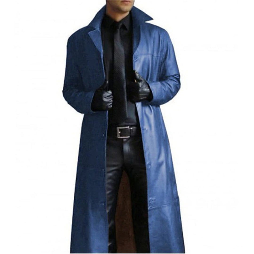 Men’s Long Faux Leather Trench Coat | Classic Winter Jacket