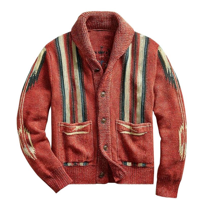 Men’s Jacquard Knit Cardigan with Lapel Collar | Vintage Smart Casual Sweater