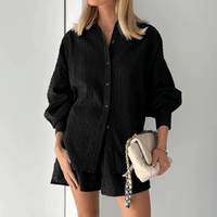 Two-Piece Shirt and Shorts Set | Long Sleeve Top | Relaxed Fit