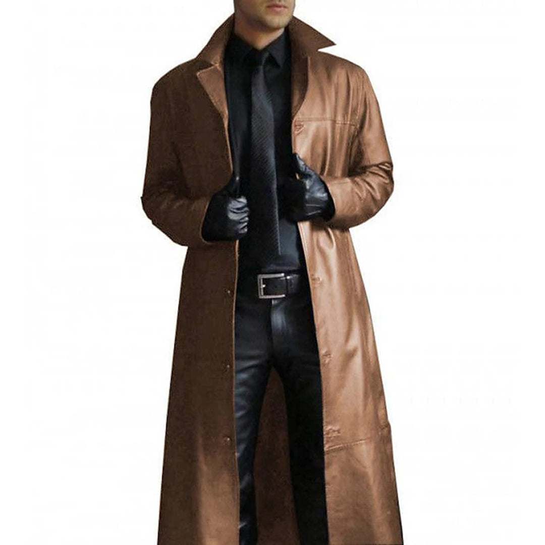 Men’s Long Leather Trench Coat with Classic Fit | Stylish Winter Jacket