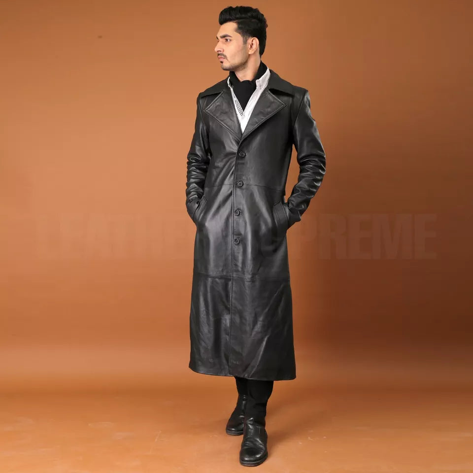 Men’s Long Faux Leather Trench Coat | Classic Winter Jacket
