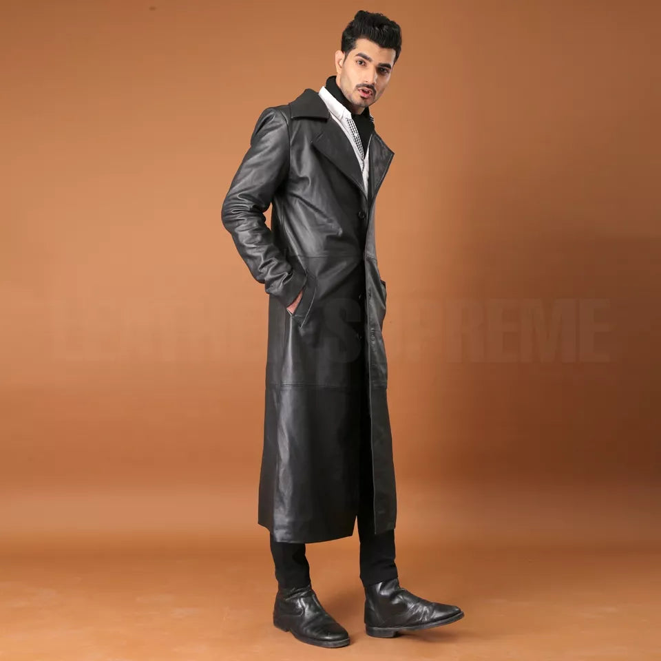 Men’s Long Faux Leather Trench Coat | Classic Winter Jacket