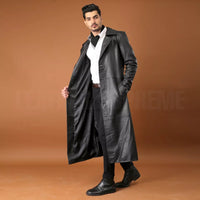 Men’s Long Faux Leather Trench Coat | Classic Winter Jacket