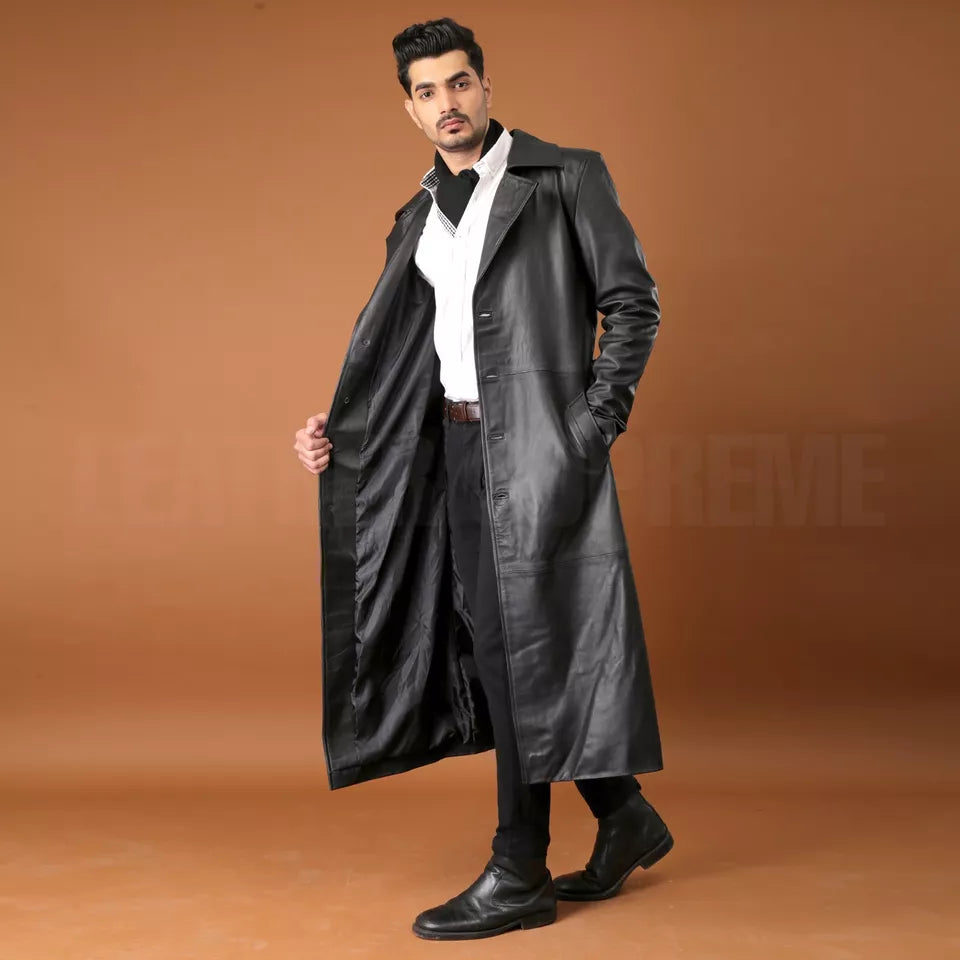 Men’s Long Faux Leather Trench Coat | Classic Winter Jacket