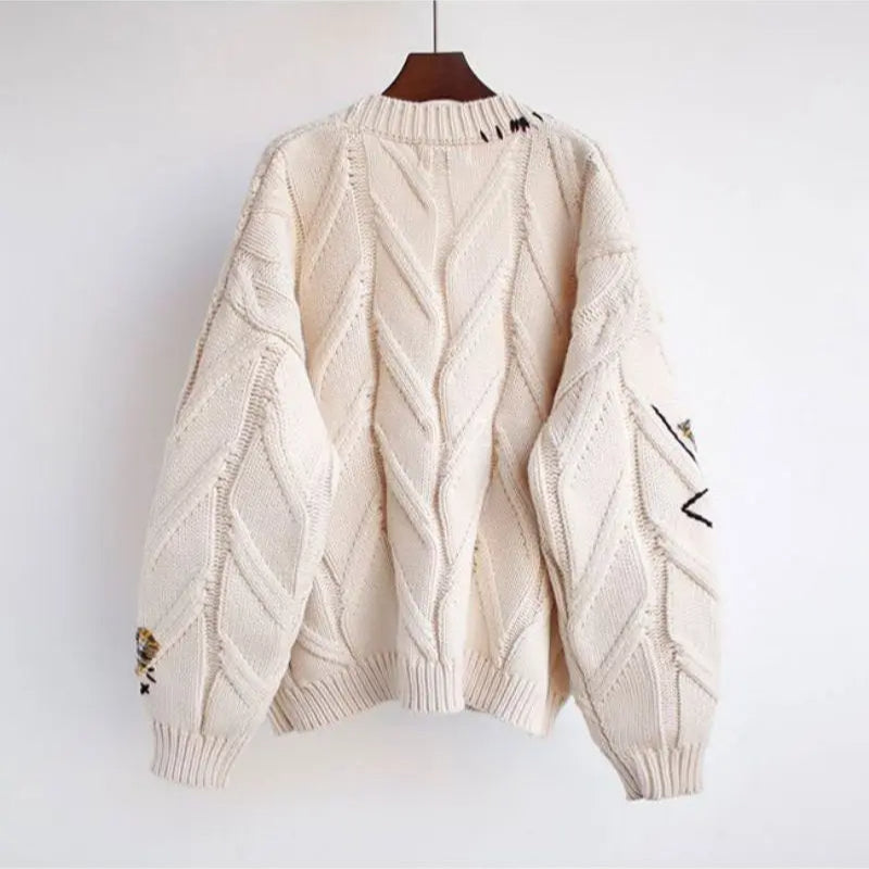 Women’s Patchwork Knit Cardigan with V-Neck | Casual Oversized Sweater