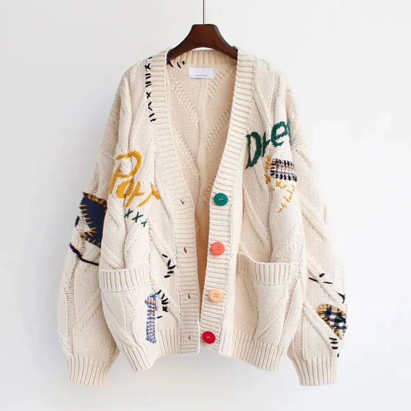 Women’s Patchwork Knit Cardigan with V-Neck | Casual Oversized Sweater
