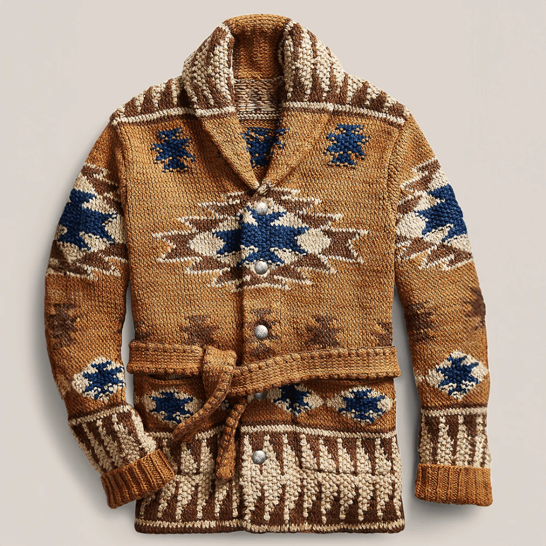 Men’s Cardigan with Belted Shawl Collar | Knitted Western Style Jumper