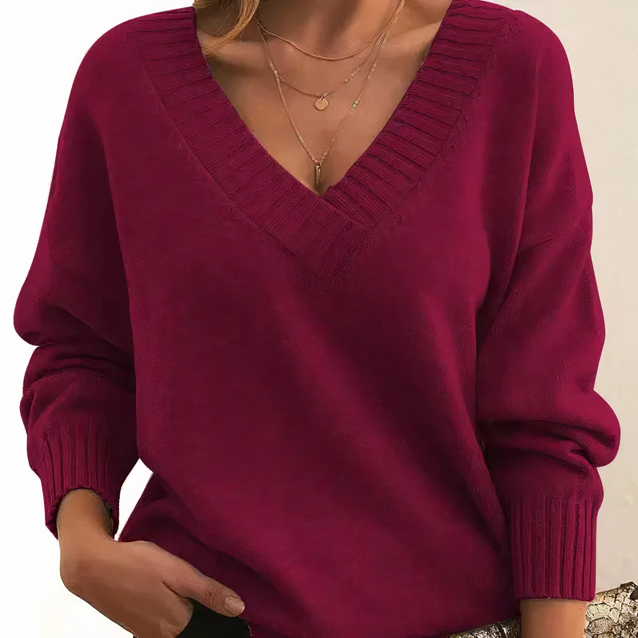 Women’s V Neck Pullover Jumper in Relaxed Knitwear Style | Classic Ladies Sweater