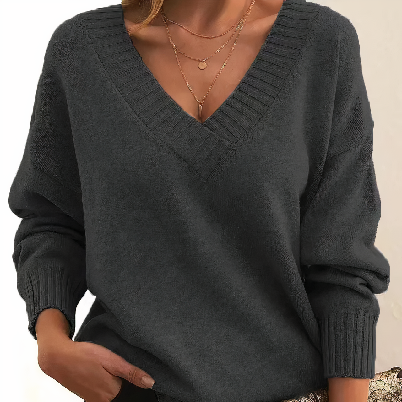 Women’s V Neck Pullover Jumper in Relaxed Knitwear Style | Classic Ladies Sweater