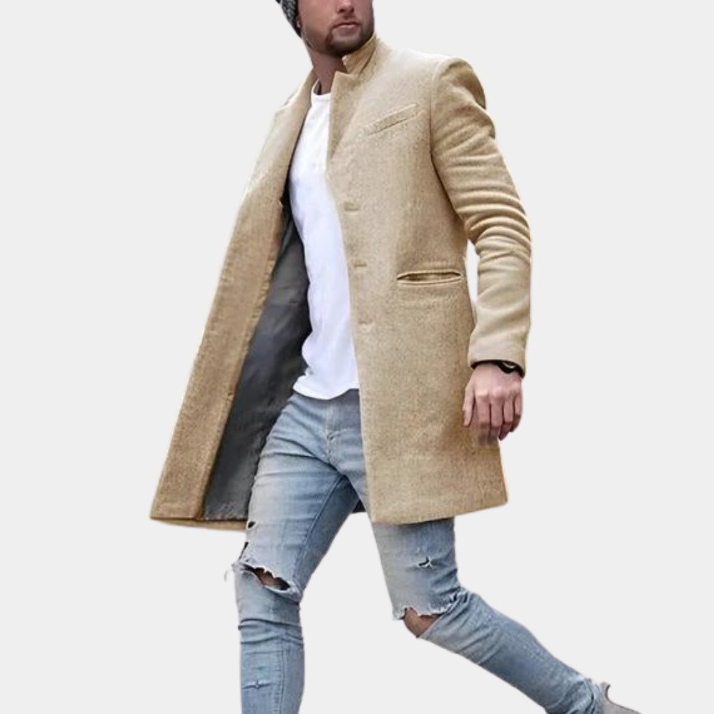 Men’s Slim Fit Overcoat | Long Winter Coat with Stand Collar