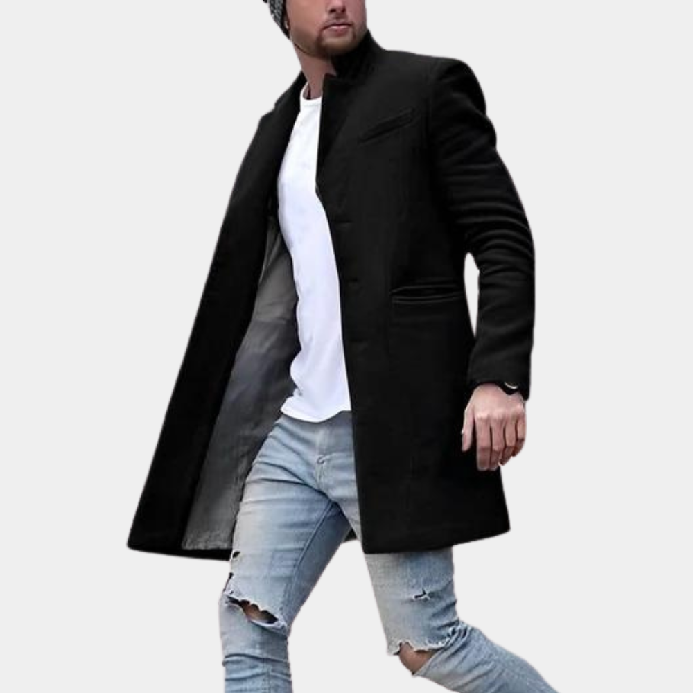 Men’s Slim Fit Overcoat | Long Winter Coat with Stand Collar