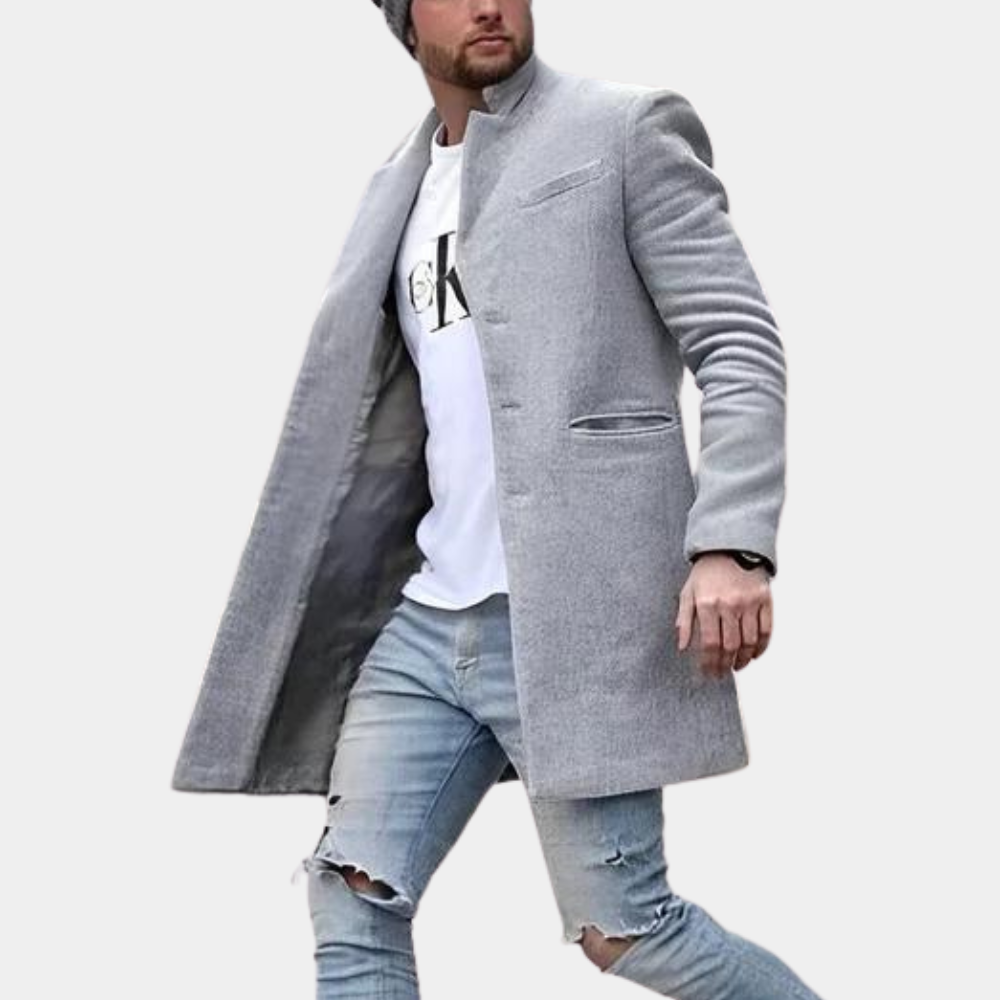 Men’s Slim Fit Overcoat | Long Winter Coat with Stand Collar
