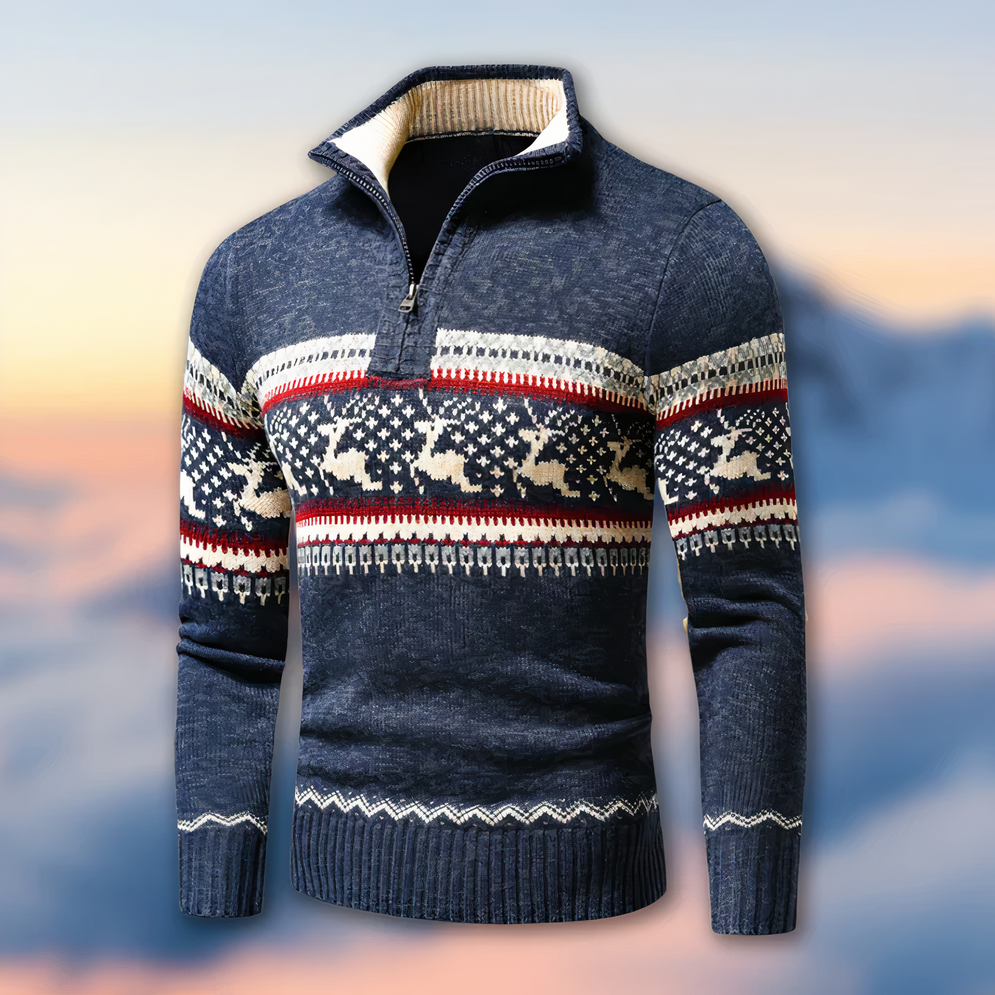 Men’s Half Zip Knitted Sweater in Festive Fair Isle Style | Warm Winter Jumper