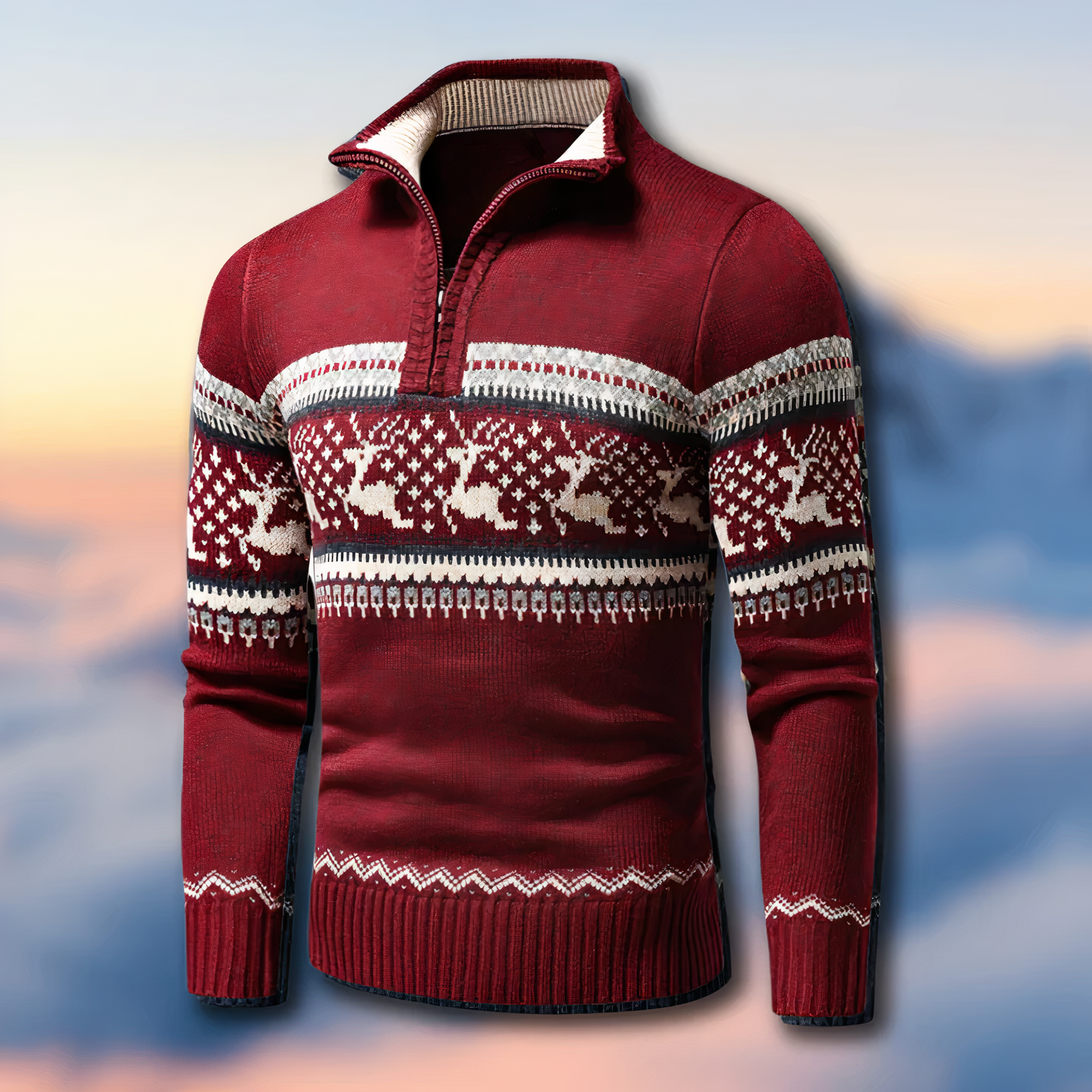 Men’s Half Zip Knitted Sweater in Festive Fair Isle Style | Warm Winter Jumper