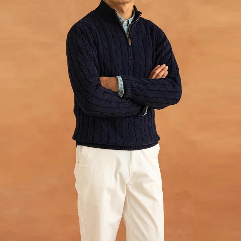 Men’s Half Zip Jacquard Sweater with Mock Neck | Classic Knit Jumper