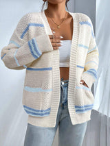 Women's Knit Cardigan | Oversized Fit | Striped Design | Open Front | Casual Everyday Layer