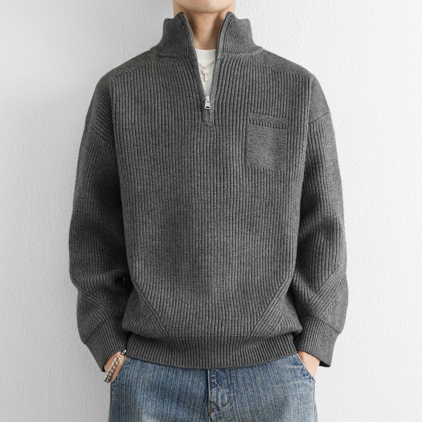Men’s Quarter Zip Sweater | Classic Knit Jumper with Stand Collar