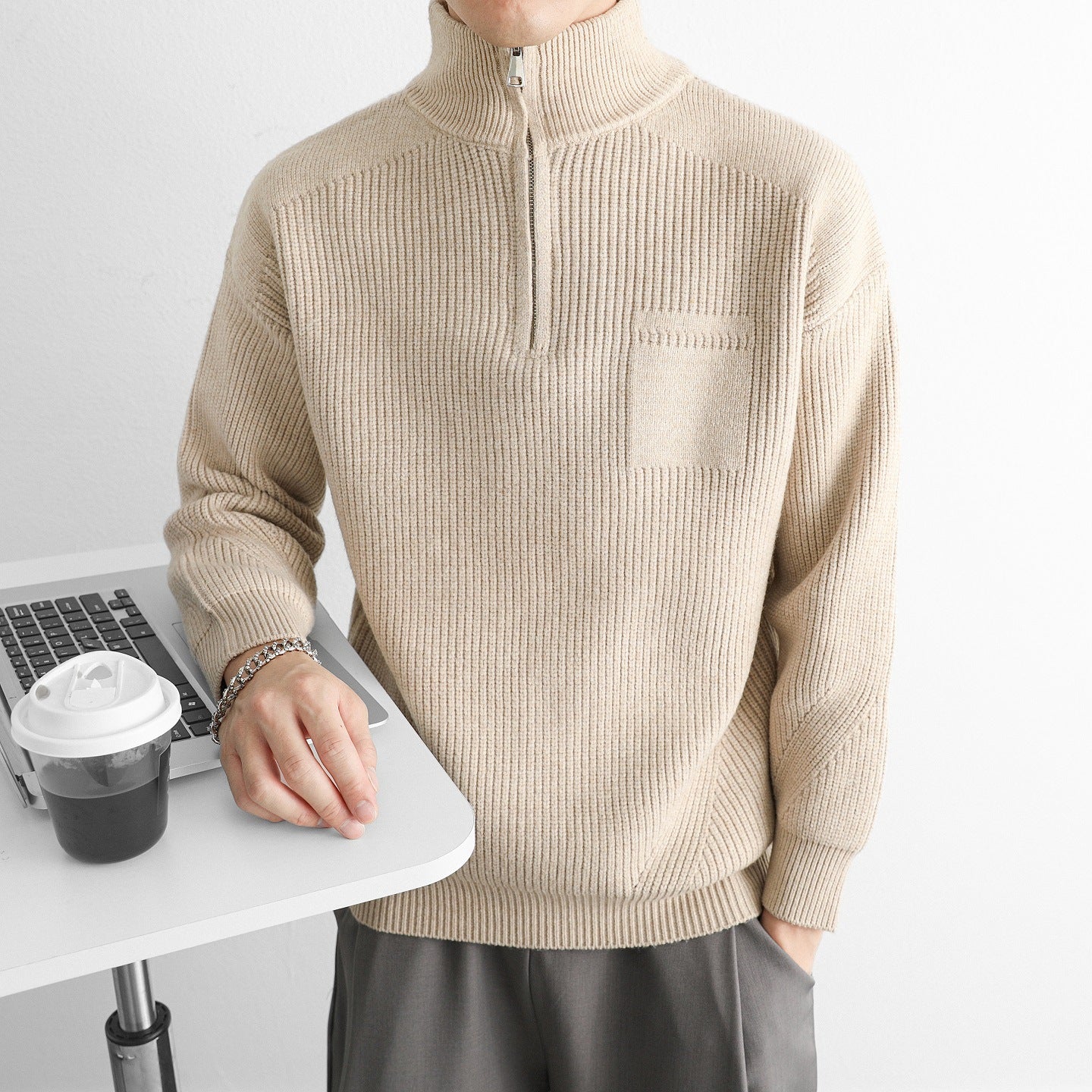 Men’s Quarter Zip Sweater | Classic Knit Jumper with Stand Collar