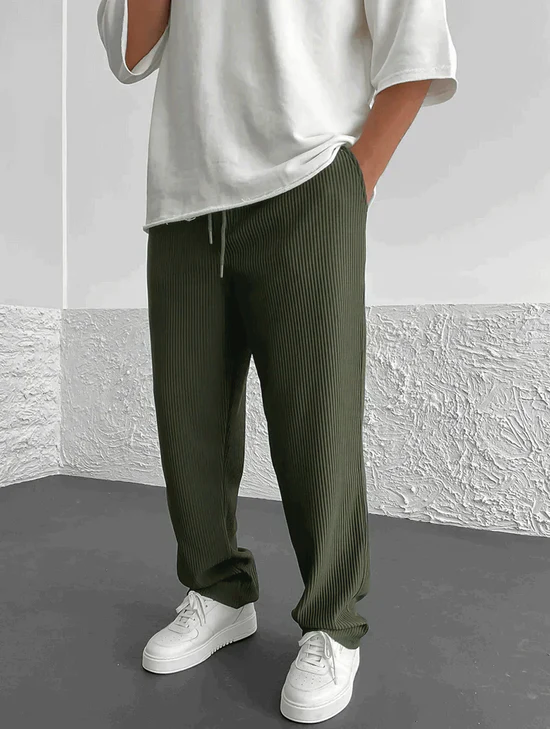 Men’s Ribbed Trousers | Elastic Waistband | Adjustable Drawstring | Relaxed Straight-Leg Fit