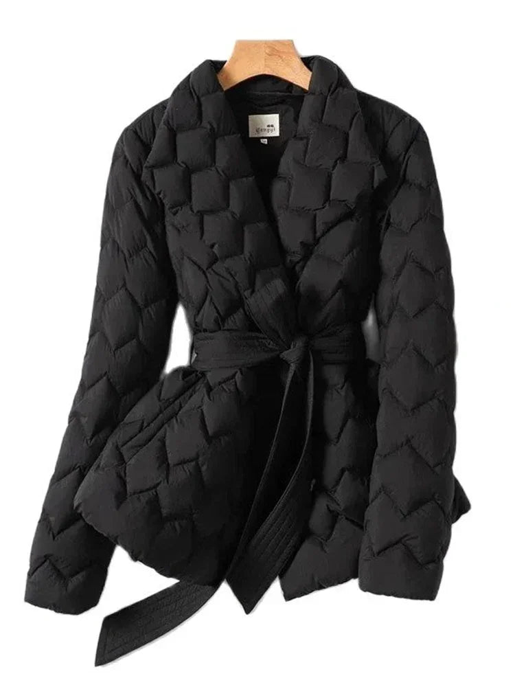 Women’s Belted Puffer Jacket in Elegant Quilted Style | Long Winter Coat