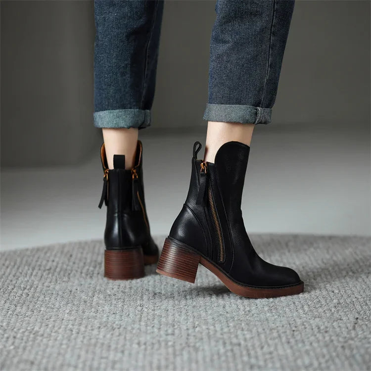 Women’s Ankle Boots with Block Heel | Stylish Zipper Short Boots