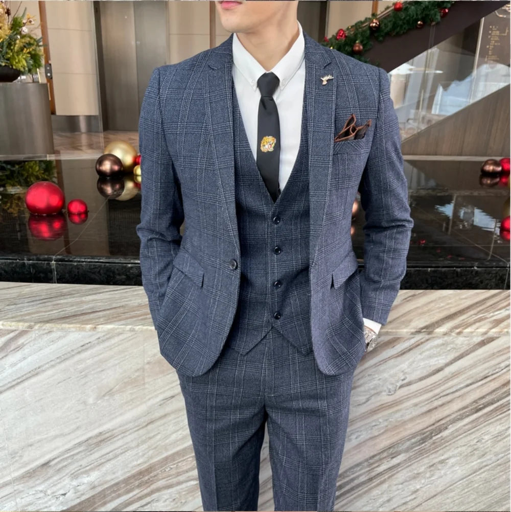 Men’s Slim Fit 3 Piece Wedding Suit | Modern Checked Tuxedo Style for Formal Events