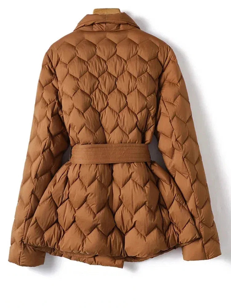 Women’s Belted Puffer Jacket in Elegant Quilted Style | Long Winter Coat