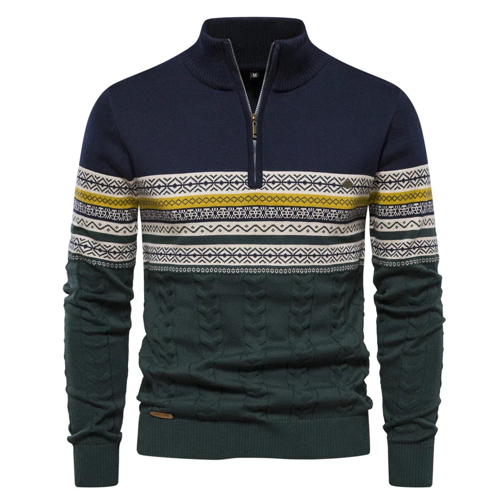 Men’s Half Zip Knitted Sweater with Retro Pattern | Warm Winter Jumper