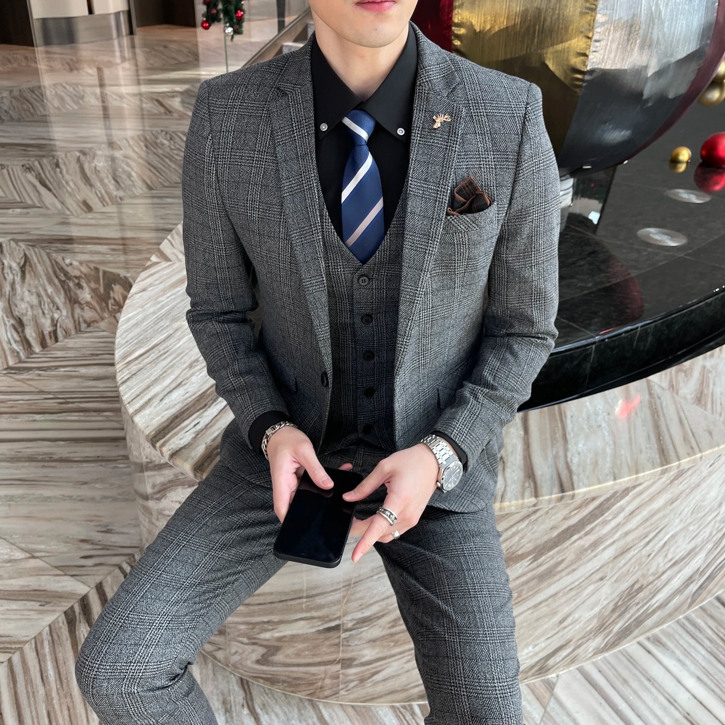 Men’s Slim Fit 3 Piece Wedding Suit | Modern Checked Tuxedo Style for Formal Events