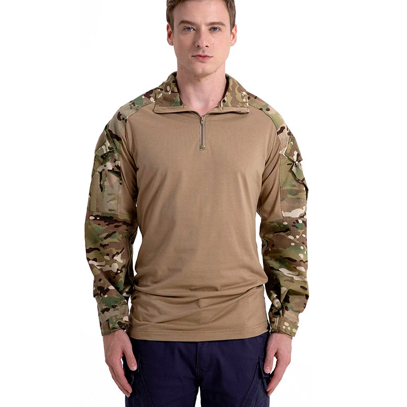 Men’s Tactical Quarter Zip Sweater with Camouflage Sleeves | Lightweight Outdoor Jumper