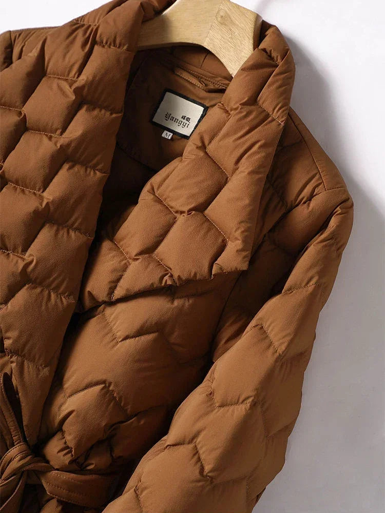 Women’s Belted Puffer Jacket in Elegant Quilted Style | Long Winter Coat