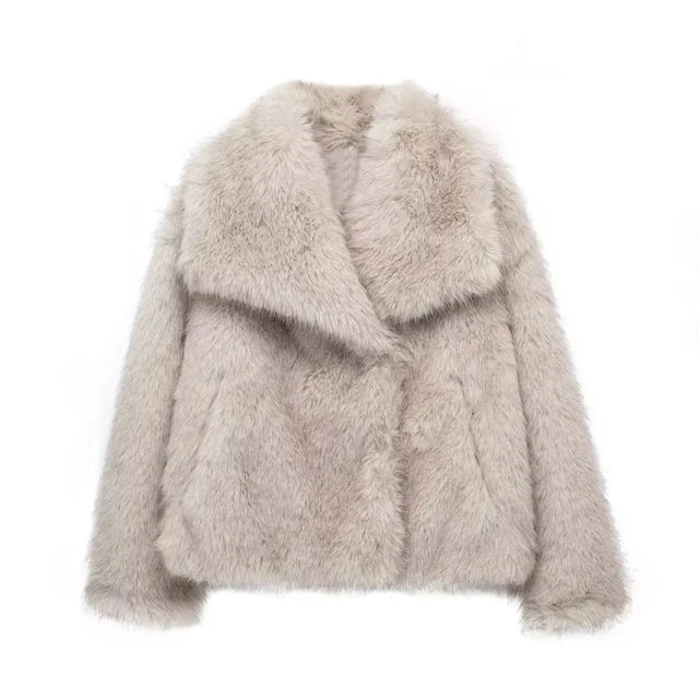 Women’s Faux Fur Winter Coat in Neutral Tone | Elegant Fluffy Jacket