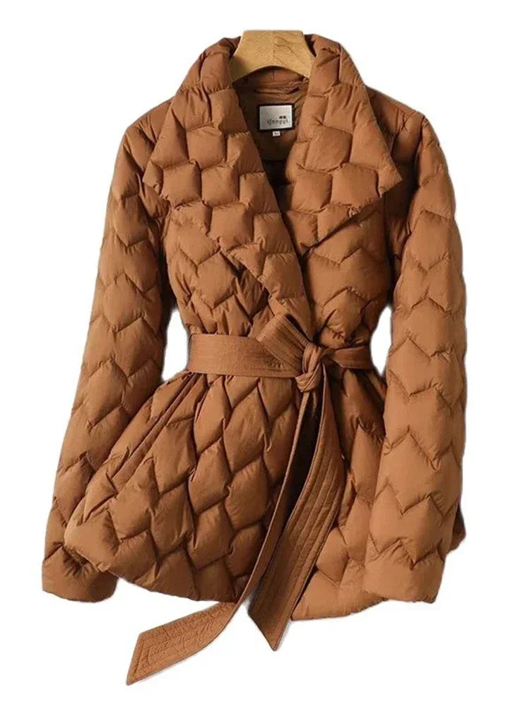 Women’s Belted Puffer Jacket in Elegant Quilted Style | Long Winter Coat