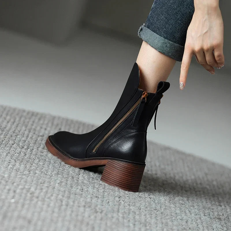 Women’s Ankle Boots with Block Heel | Stylish Zipper Short Boots