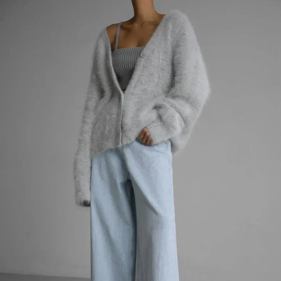 Women’s V-Neck Fluffy Cardigan | Ultra-Soft Knit | Cozy Lightweight Layer