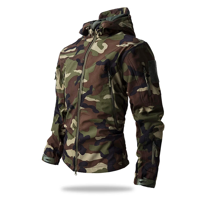 Men’s Tactical Camouflage Soft Shell Jacket with Hood | Waterproof Outdoor Coat