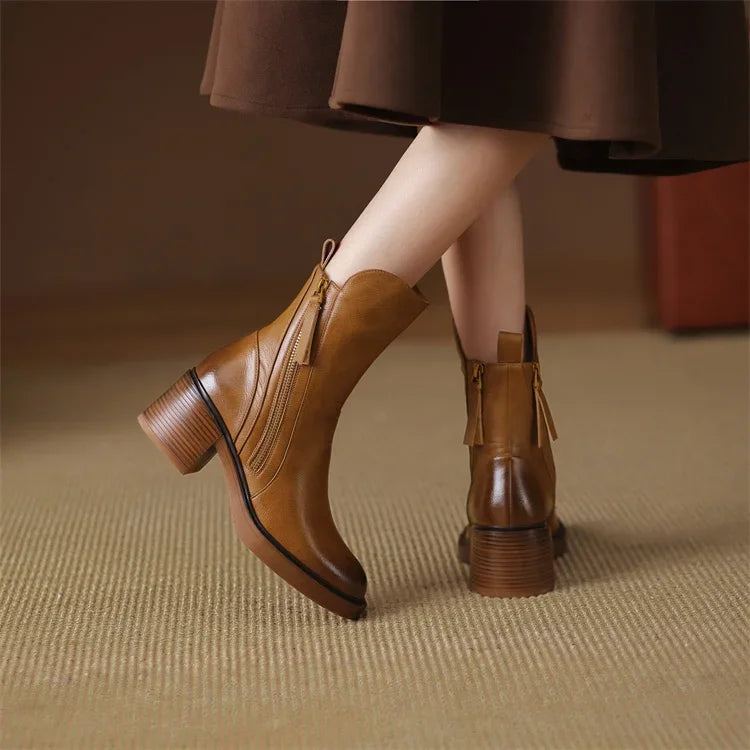 Women’s Ankle Boots with Block Heel | Stylish Zipper Short Boots