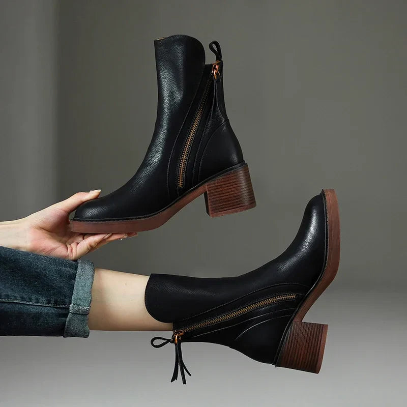 Women’s Ankle Boots with Block Heel | Stylish Zipper Short Boots