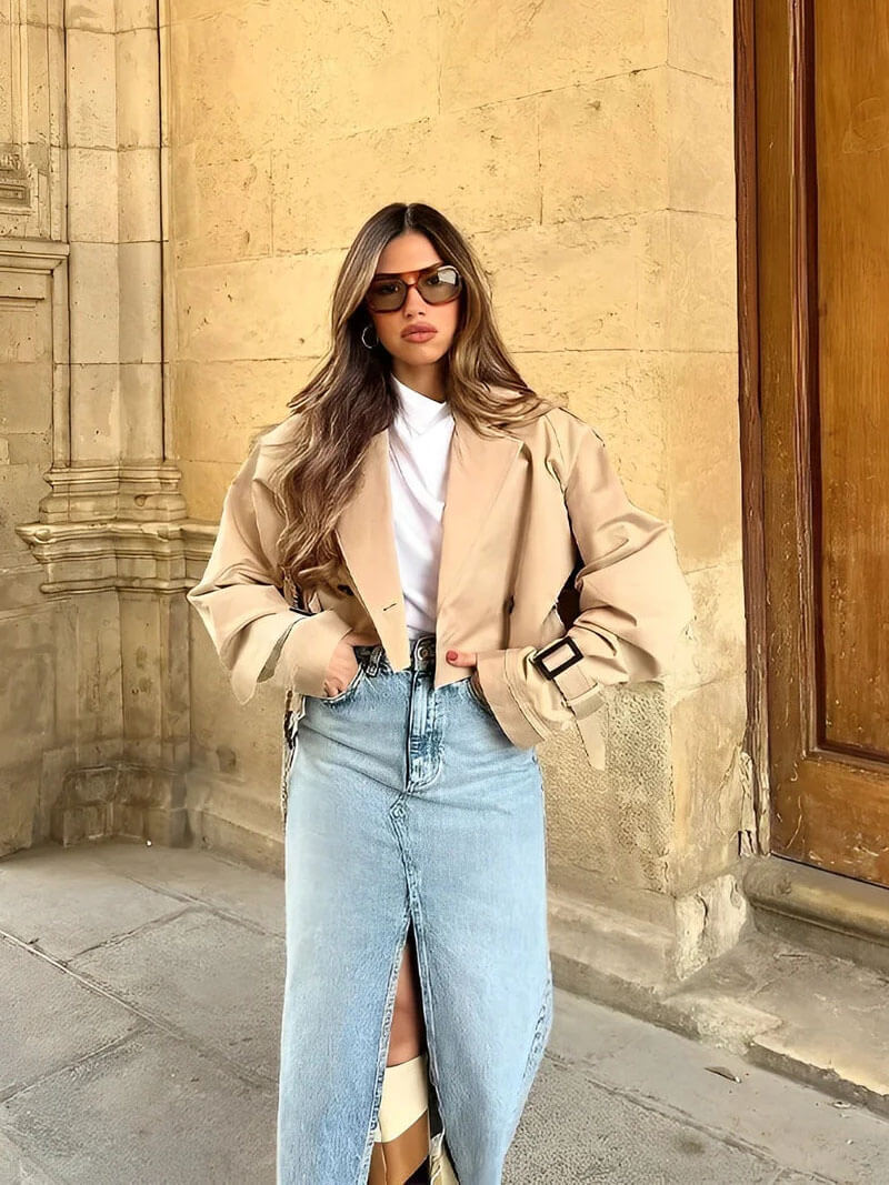 Cropped Trench Coat | Double-Breasted | Belted Waist | Autumn Layering Piece