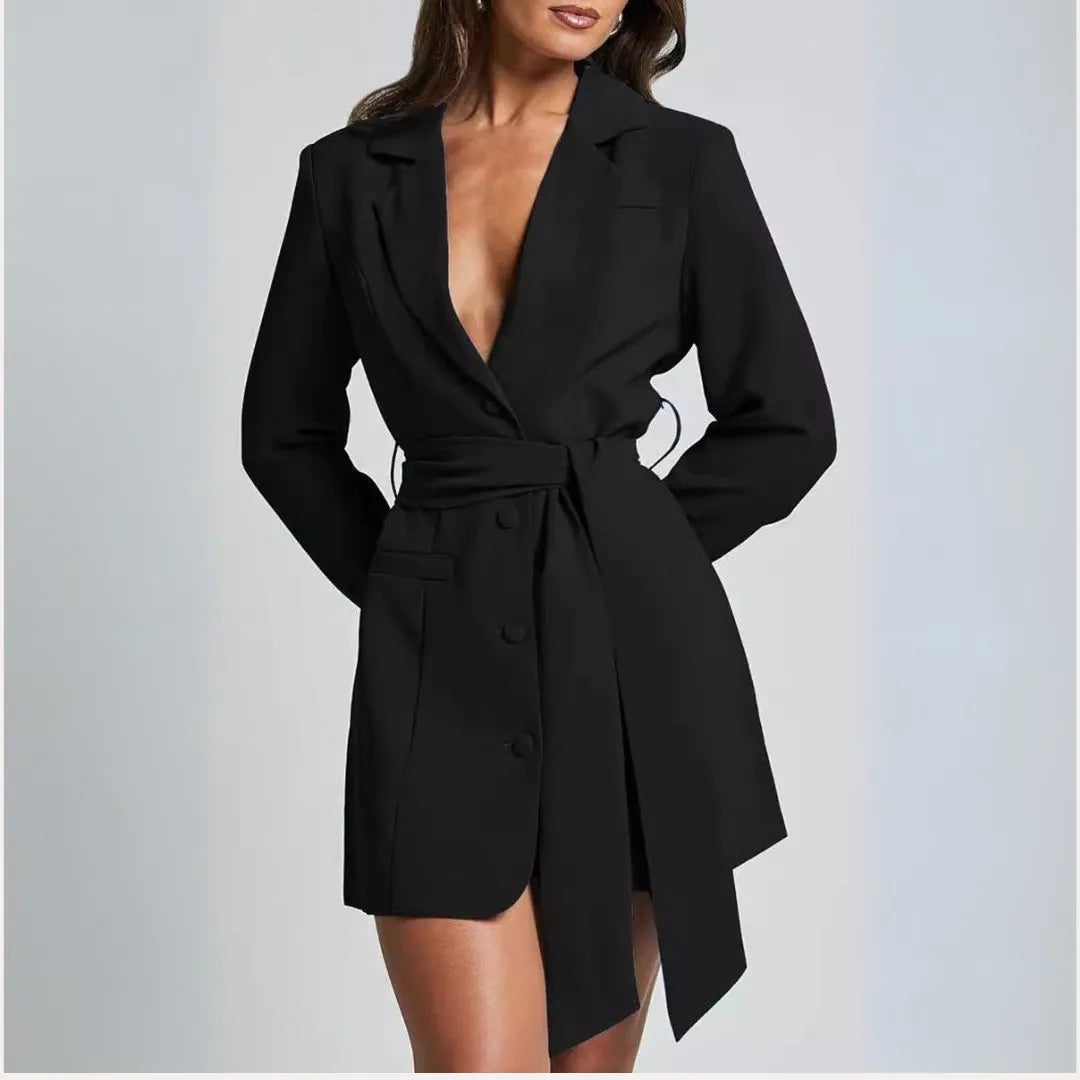 Women’s Belted Blazer Mini Dress in Double-Breasted Style | Elegant Long Sleeve Dress
