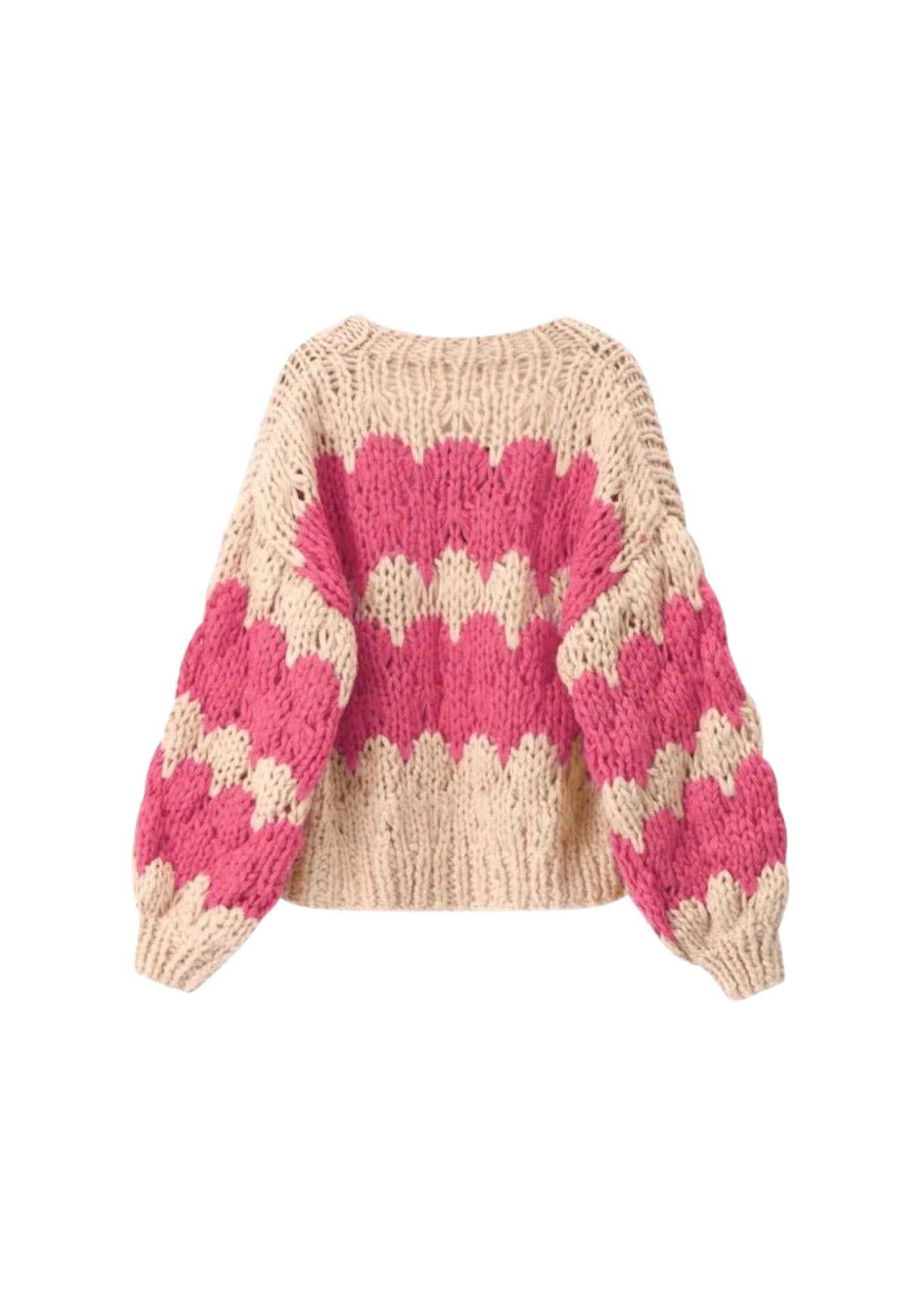 Women’s Chunky Knit Cardigan | Pink Pattern | Balloon Sleeves | Cropped Autumn Layer