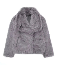 Women’s Faux Fur Winter Coat with Fold-Over Collar | Elegant Fluffy Jacket