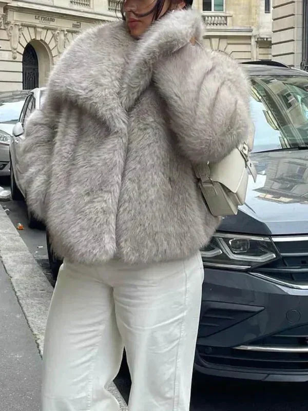 Women’s Faux Fur Winter Coat in Neutral Tone | Elegant Fluffy Jacket