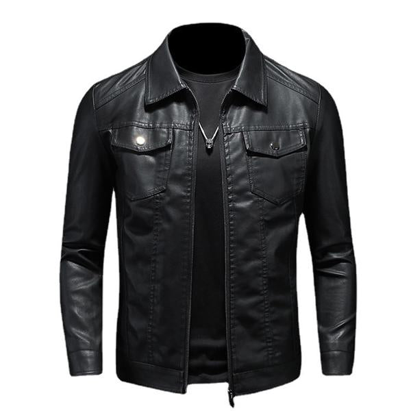 Men’s Leather Biker Jacket with Lapel Collar | Timeless Slim Fit Moto Coat