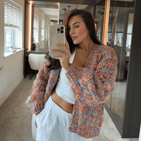Women’s Chunky Knit Cardigan | Multicolour Yarn | Balloon Sleeves | Cosy Autumn Layer