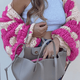 Women’s Chunky Knit Cardigan | Pink Pattern | Balloon Sleeves | Cropped Autumn Layer
